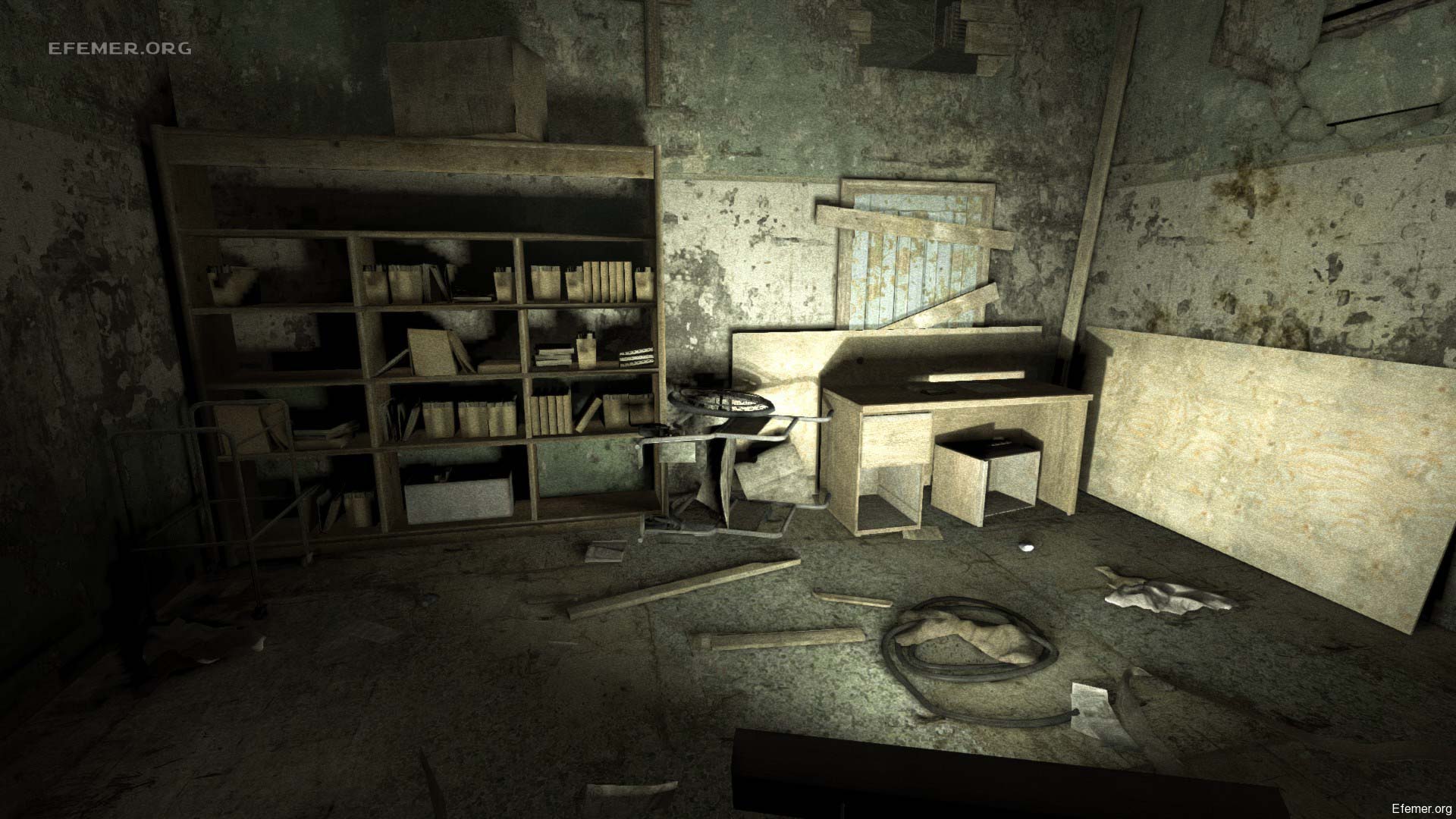 Комната со стеллажами Скриншот комнаты со стеллажами из игры Outlast 1
