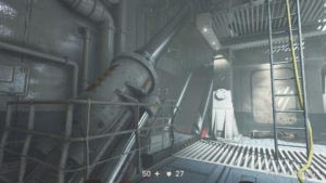 Скриншот поршня-лифта, находящегося в подлодке «Молот Евы», Wolfenstein II: The New Colossus