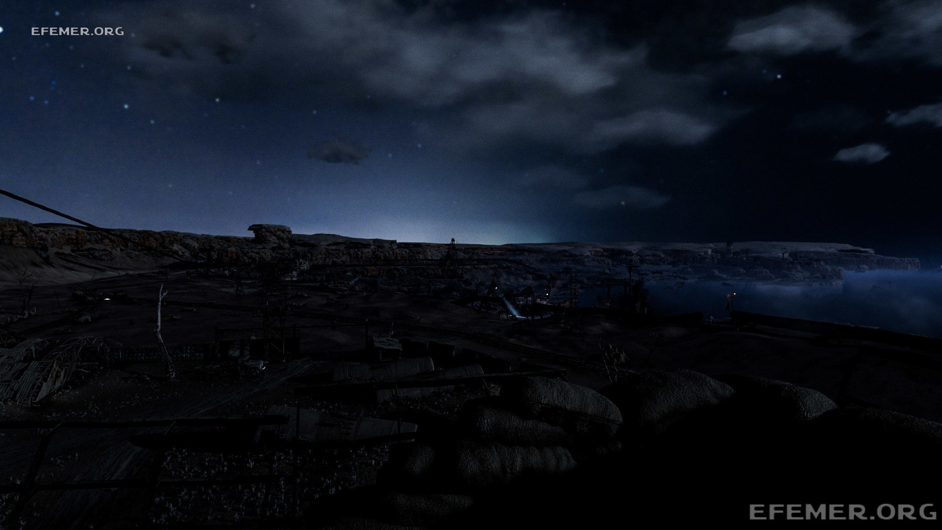 Вид на локацию «Каспий» ночью в игре Metro Exodus