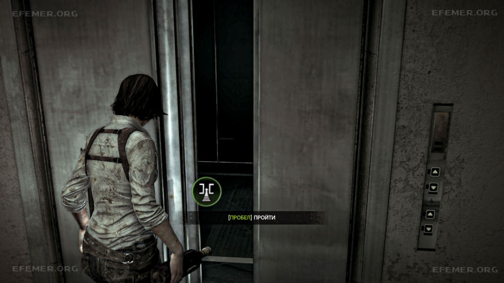 Двери лифта, в которые нужно протиснуться, чтобы забрать улитку, The Evil Within 1
