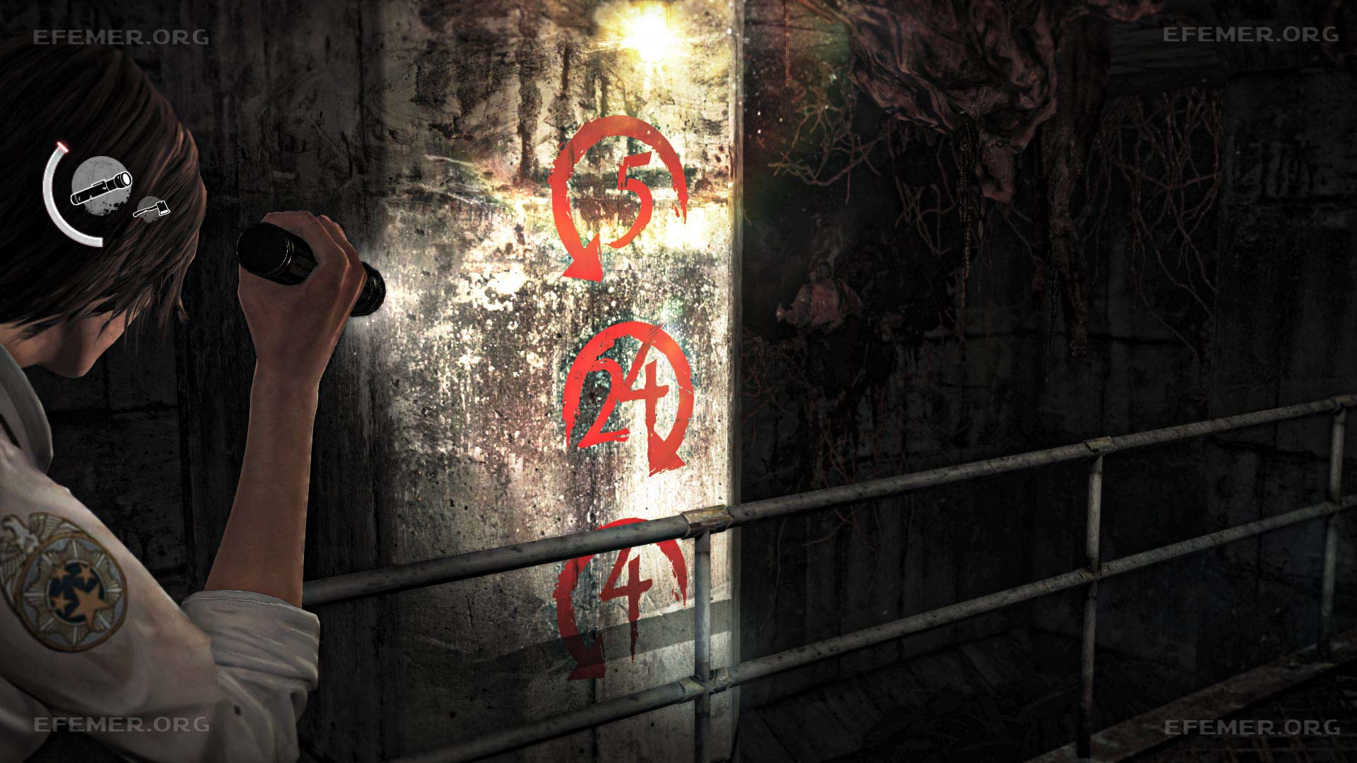 Подсказка к шифру сейфа, нарисованная на колонне, The Evil Within 1