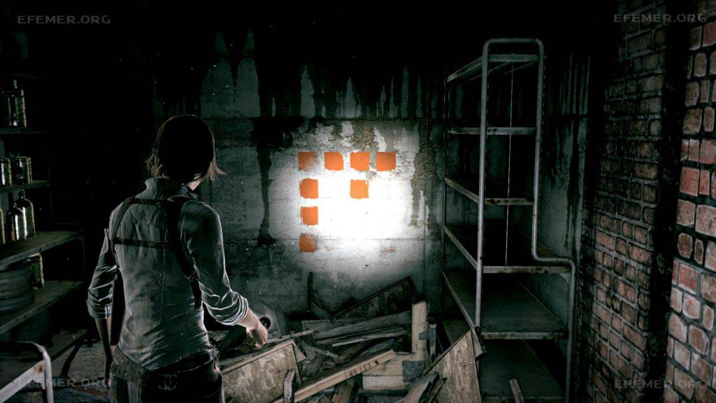 Пример подсказки к сейфу, нарисованный на стене, The Evil Within 1