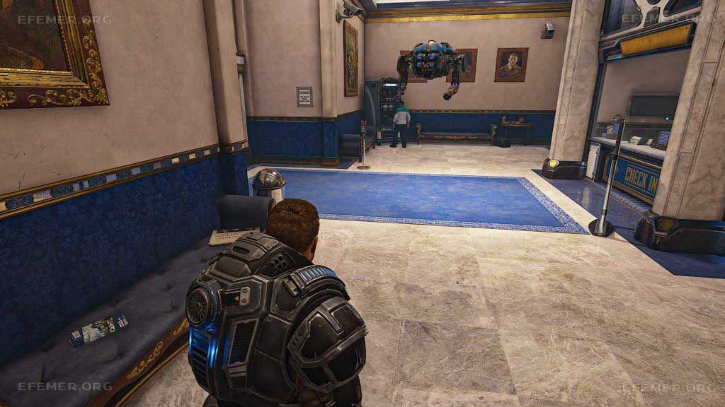 Рекламная брошюра «Ди Би Индастриз», брошенная на диване, Gears 5