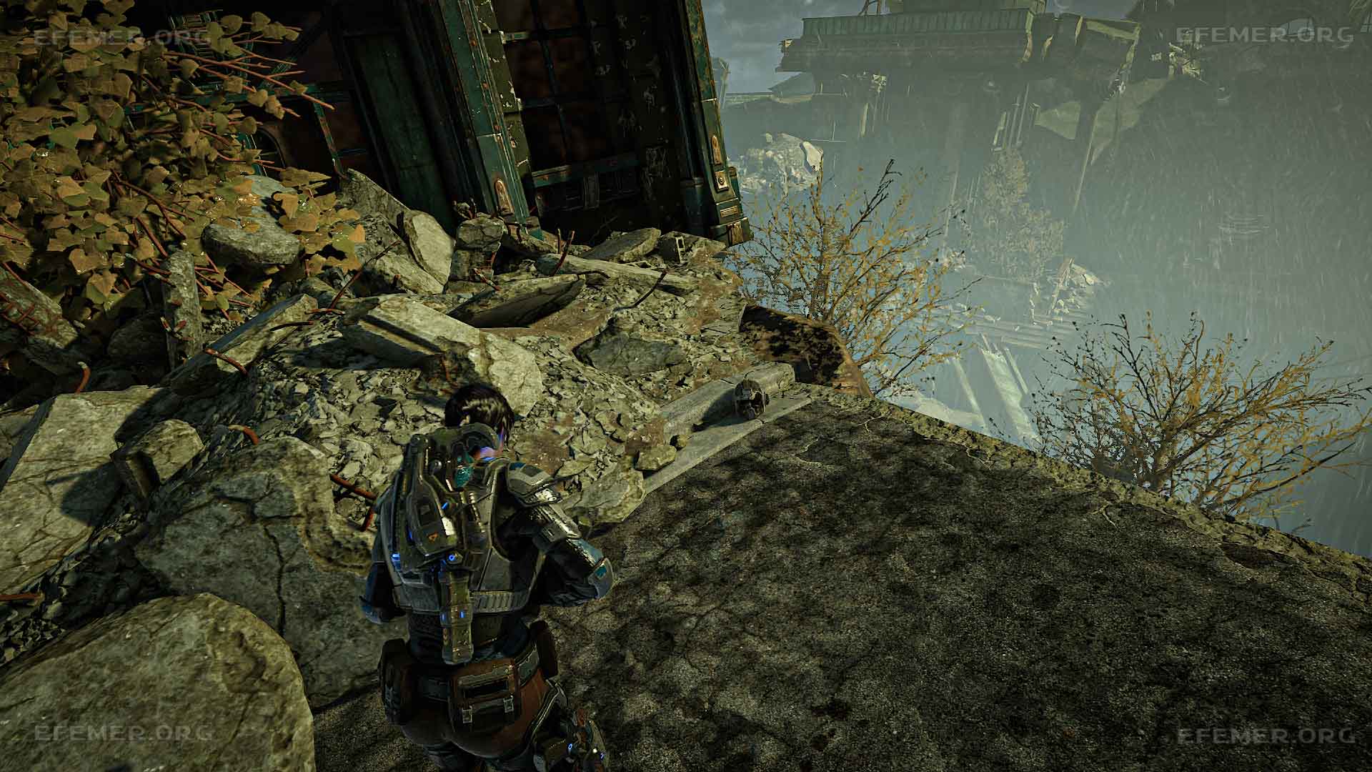 Пробитый шлем бойца коалиции, брошенный возле обрыва, Gears 5