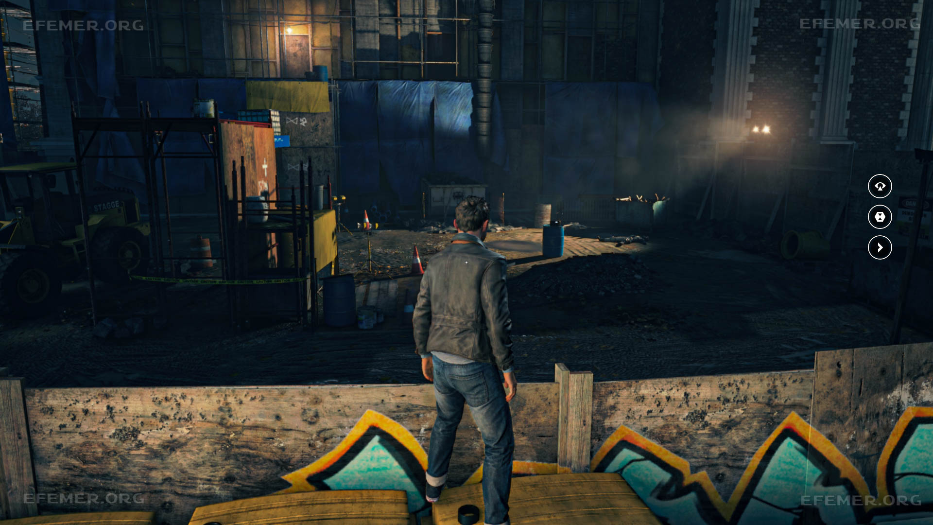 Бочка посреди двора, на которой стоит радио, Quantum Break