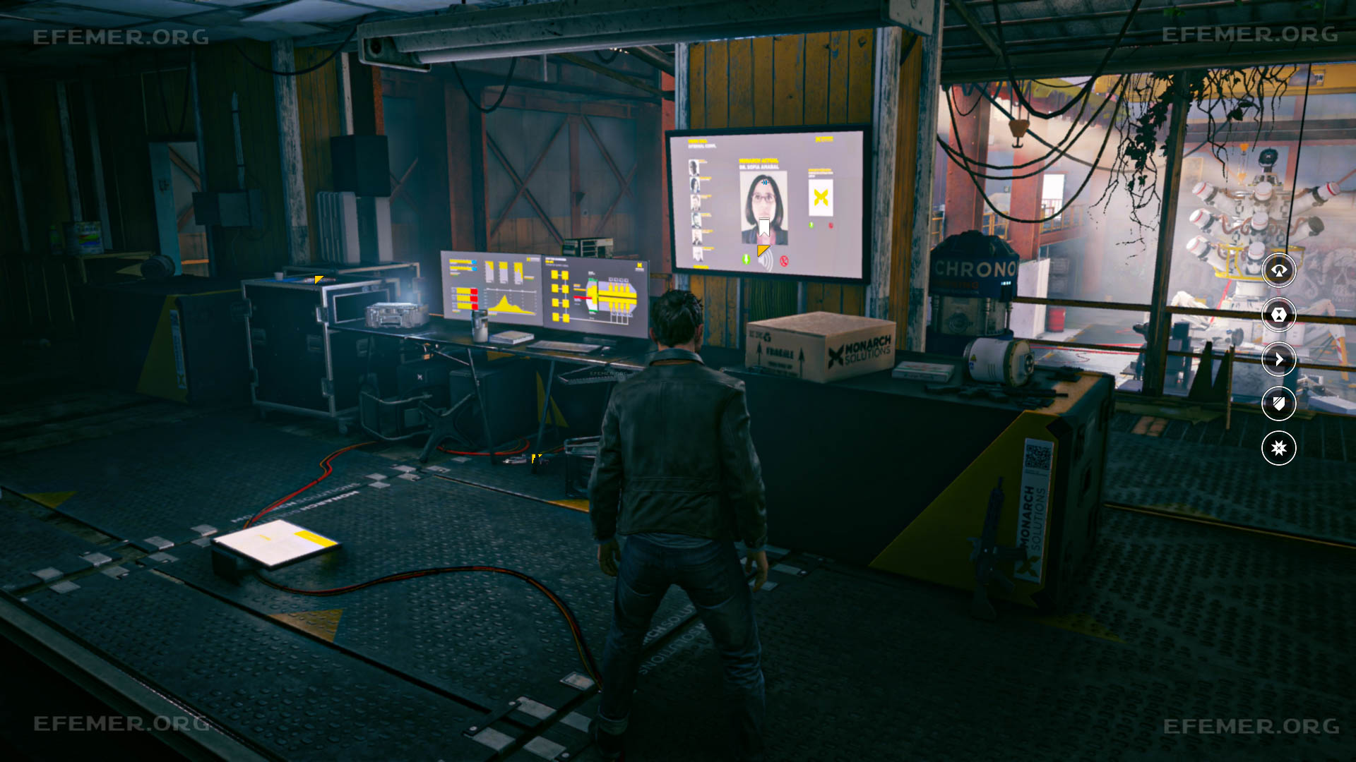 Видеоролик «Презентация Софии Эмерал», транслируемый на экран монитора, Quantum Break