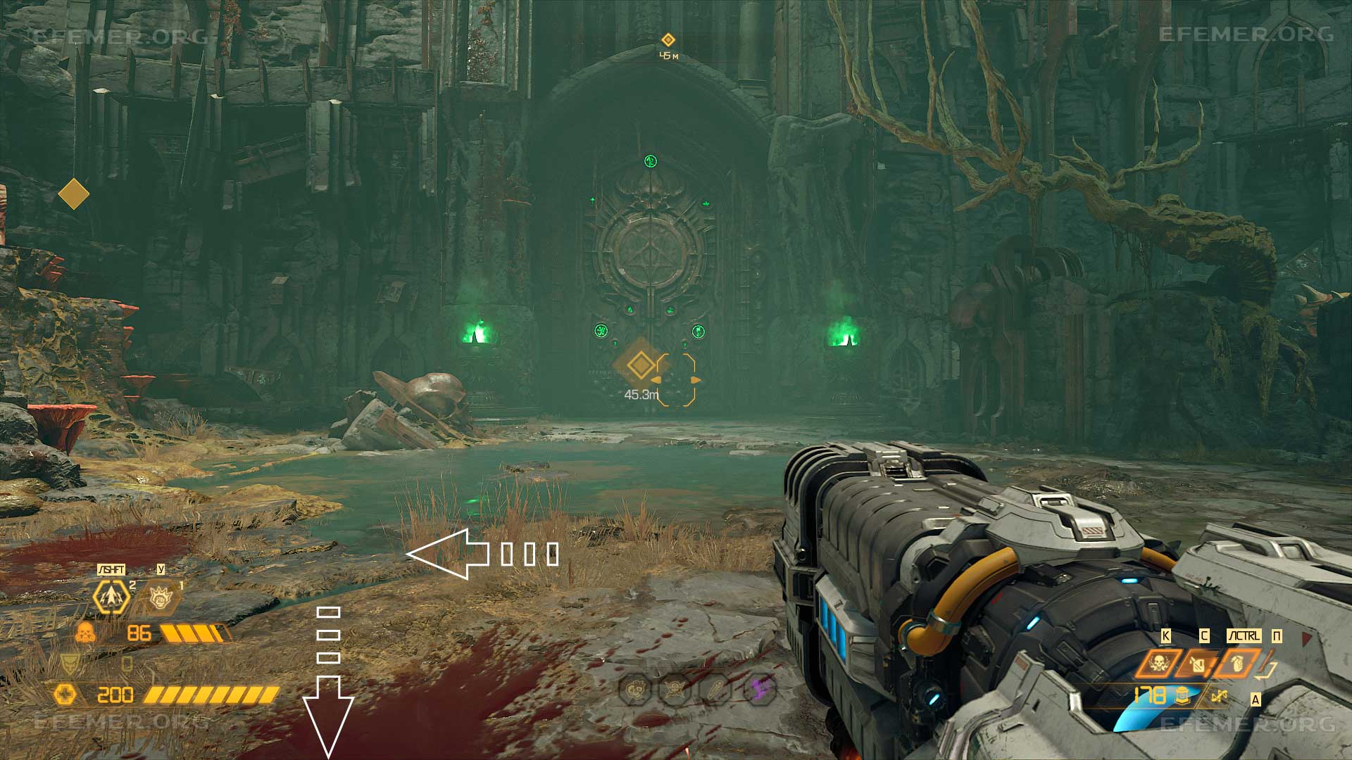Ворота как ориентир для секретной стычки №1 «Болотный воитель», Doom Eternal The Ancient Gods