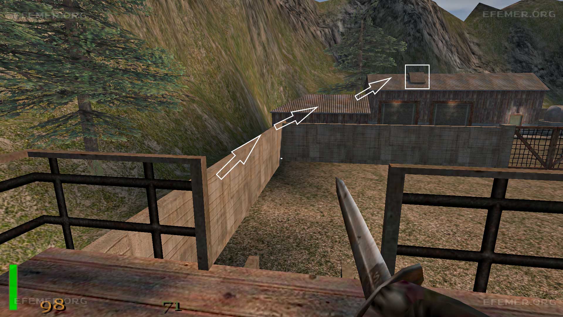 Скриншот забора, по которому можно залезть на крышу, Return to Castle Wolfenstein